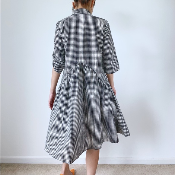 BLACK WHITE GINGHAM PLAID BUTTON DOWN FLARE MIDI DRESS - Picture 8 of 8